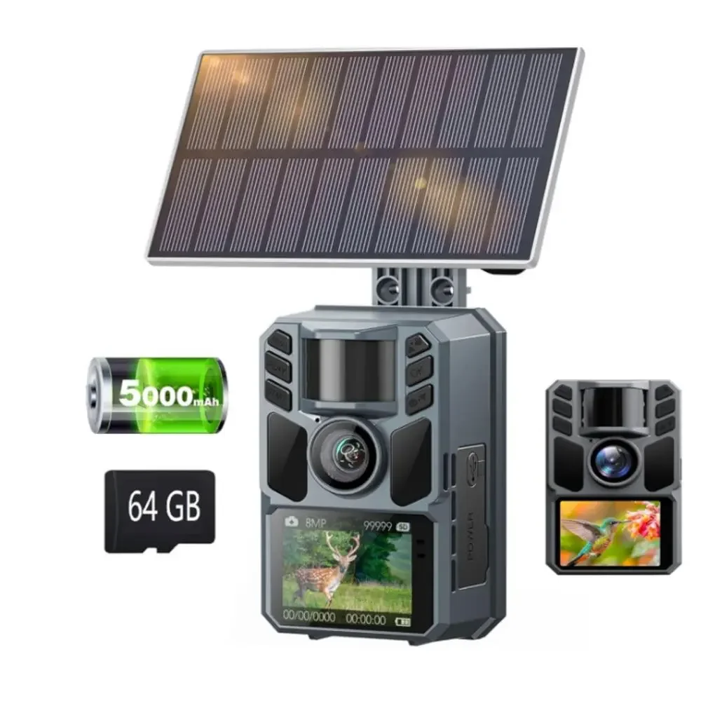 Trail Camera 4K 64MP 5000mAh 64GBCard Wtrprf, NightVision, MotionActiv, Solar